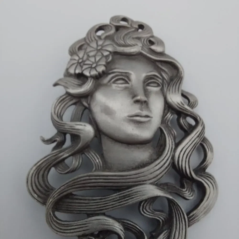 Vintage JJ 1988 Art Nouveau Pewter Lady Brooch Pin Jonette Jewelry Flowing Hair
